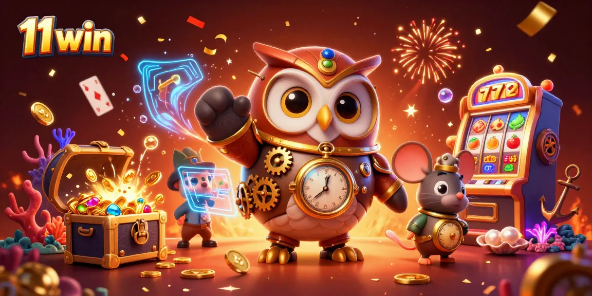 Engage in thrilling casino action with 11 win's vibrant steampunk-themed illustration featuring time-travelers and gaming elements.