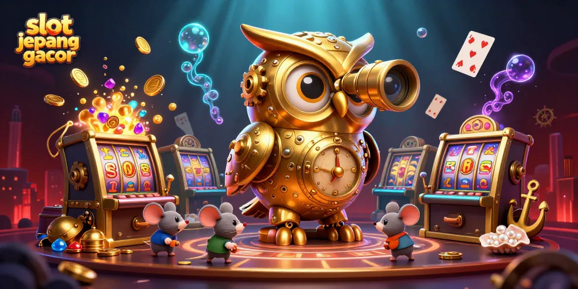 Experience the thrill of slot jepang gacor with a vibrant 3D illustration of a golden owl overseeing a bustling casino floor.